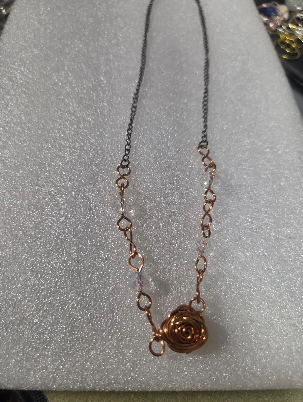 Handcrafted Copper Rose Necklace with Clear Crystal Accents